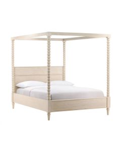 Carved Detail King Size Wood Poster Bed in Whitewash Finish