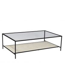 Roman Glass Top White Marble Coffee Table with Black Iron Frame